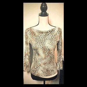 Cheetah Print 3/4 Sleeve Shirt Blouse: Stretch, Boat Neckline, Sz. S